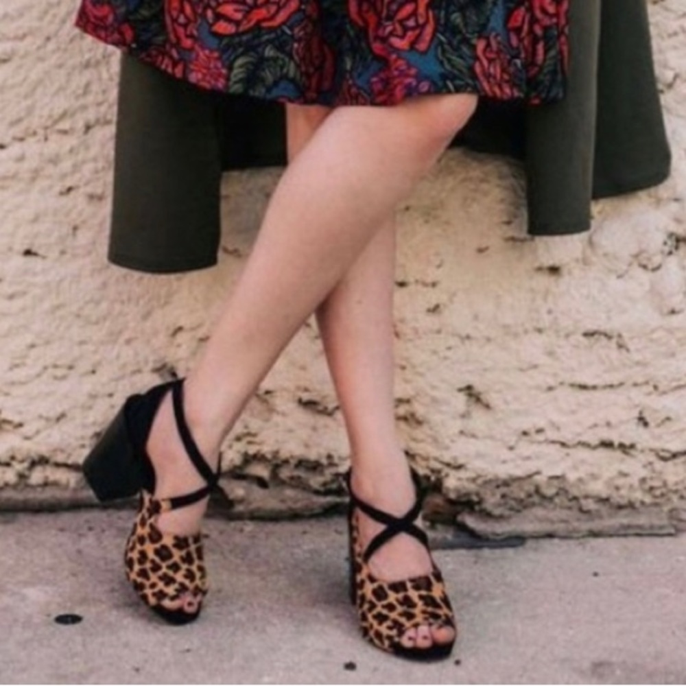 NWOT leopard calf hair black faux suede block heel cross strappy ankle
